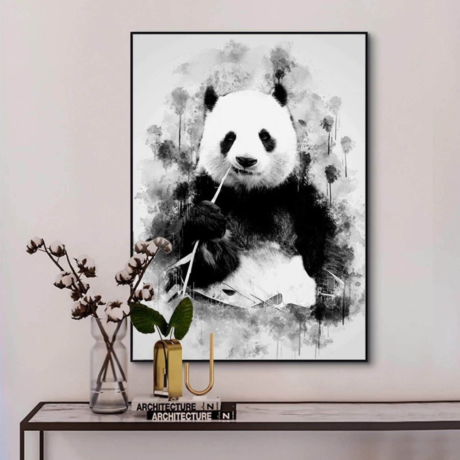 Amazon｜キャンバス絵画かわいい白黒パンダ食べる竹動物ポスターと